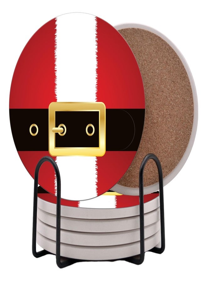 DAJDC Santa Claus Belt Christmas Holiday Season Round Coasters Set of 6 - Abosrbent Ceramic Coasters with Metal Stand for Drinks, Coffee, Non-Slip Cork Back for Tabletop - Image 1